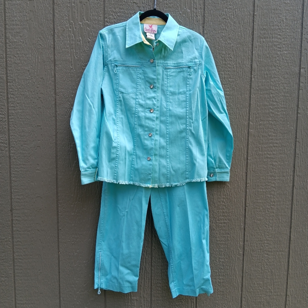 QUACKER FACTORY Aqua Blue  Lightweight Denim Capri Jacket Rhinestone 2pc Set S